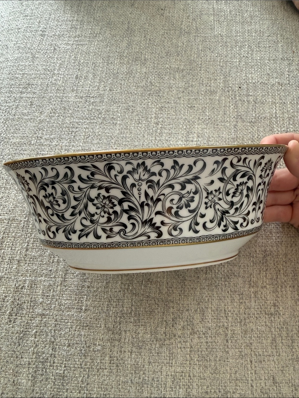 Sango Spanish Lace Black and White Floral Porcelain Serving Bowl with Gold Trim